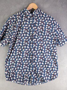 Katin Surf Shirt Mens Large Blue White Geometric Tropical Button Up Short Sleeve